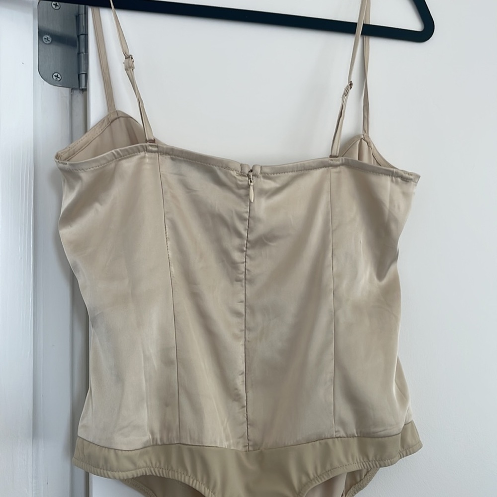 WeWoreWhat Strappy Satin Chiffon Bodysuit in Crème Brûlée - Picture 10 of 10